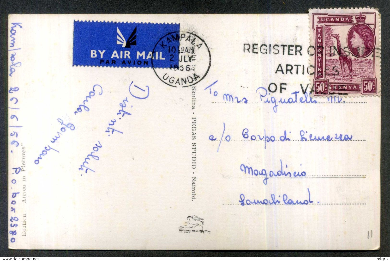 KAMPALA UGANDA THE NATIONAL BANK OF INDIA - 1956 - AIR MAIL TO SOMALIA - Uganda