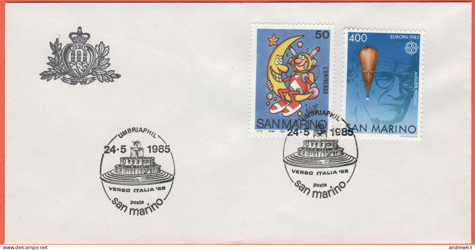 SAN MARINO - 1985 - 50 Scuola E Filatelia-L'universo + 400 Europa Cept + Annullo Umbriaphil Verso Italia '85 - Ufficio F - Briefe U. Dokumente