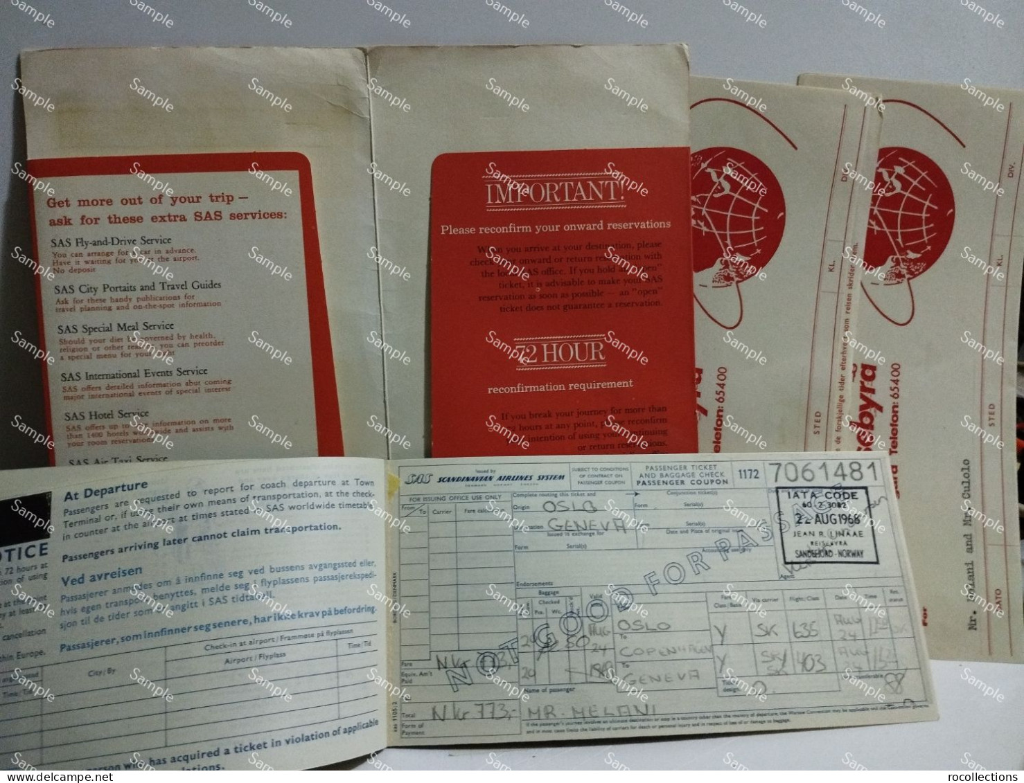 SAS Scandinavian Airlines Travel Documents Norway / Switzerland. 1968 From OSLO To GENEVE - Europa