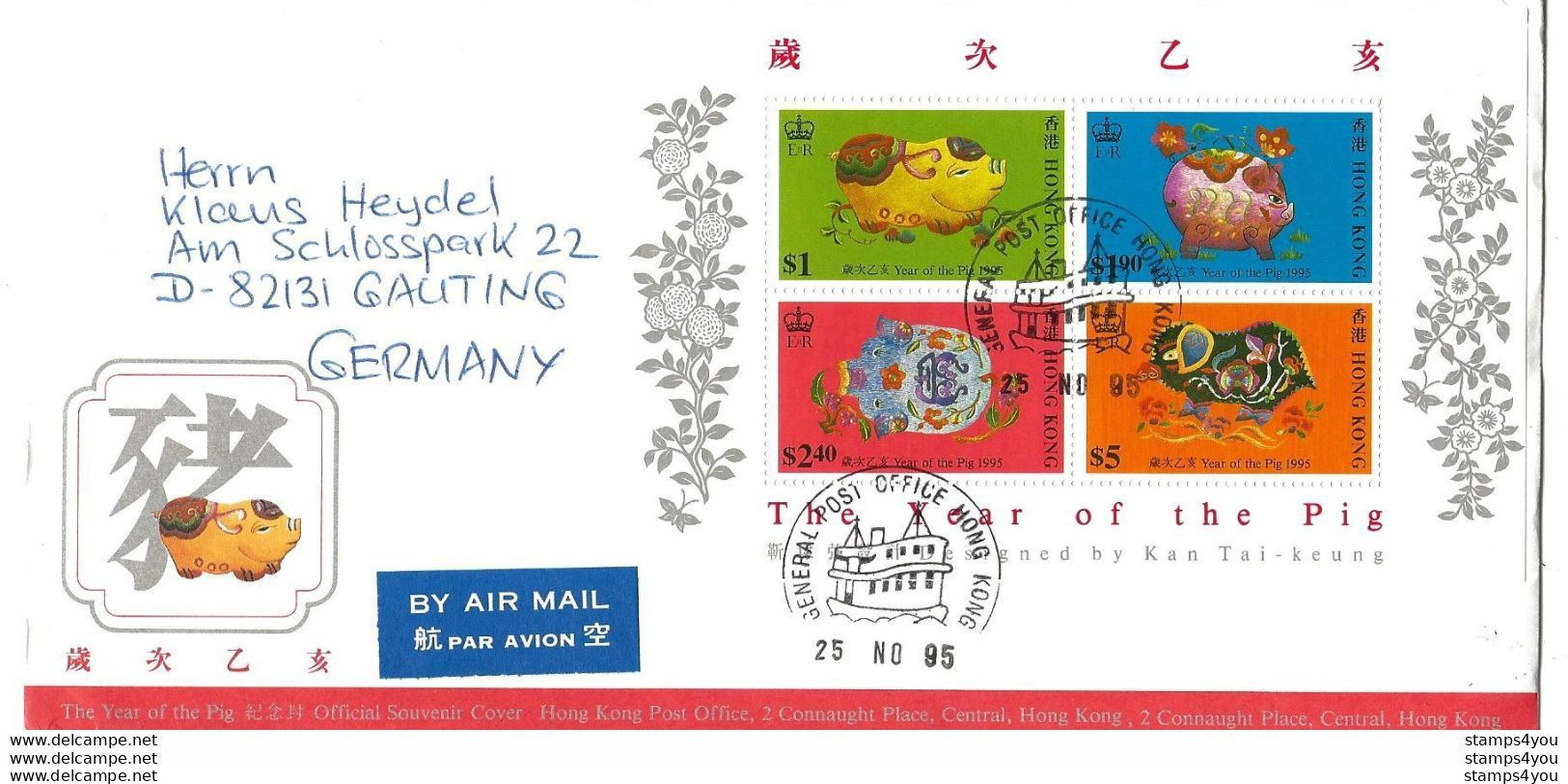 G 10 -  Enveloppe Envoyée De Hong Kong En Allemagne 1995 - Bloc "Year Of The Pig" - Briefe U. Dokumente