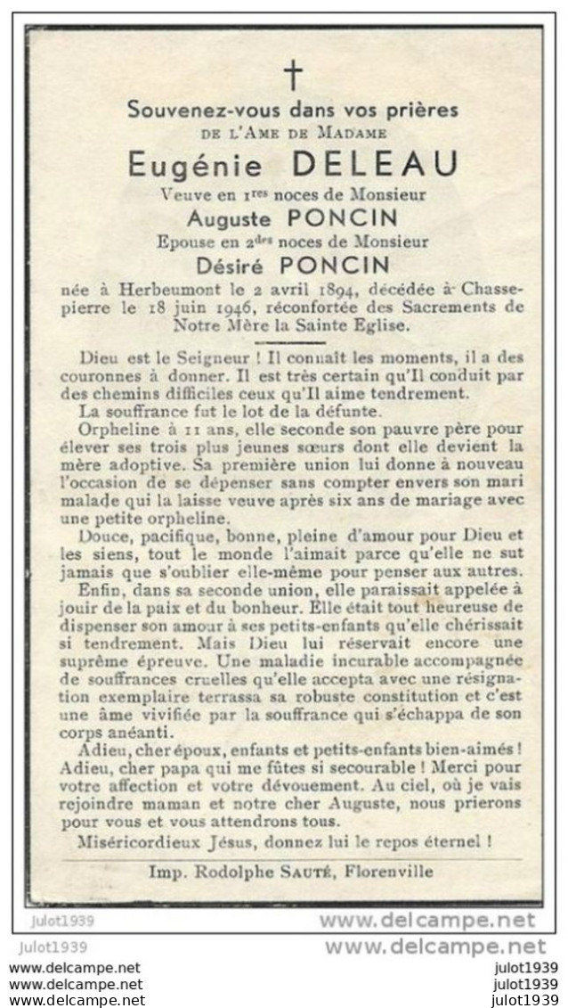 HERBEUMONT ..-- Mme Eugénie DELEAU , épouse De Mr Désiré PONCIN , Née En 1894 , Décédée En 1946 à CHASSEPIERRE . - Herbeumont