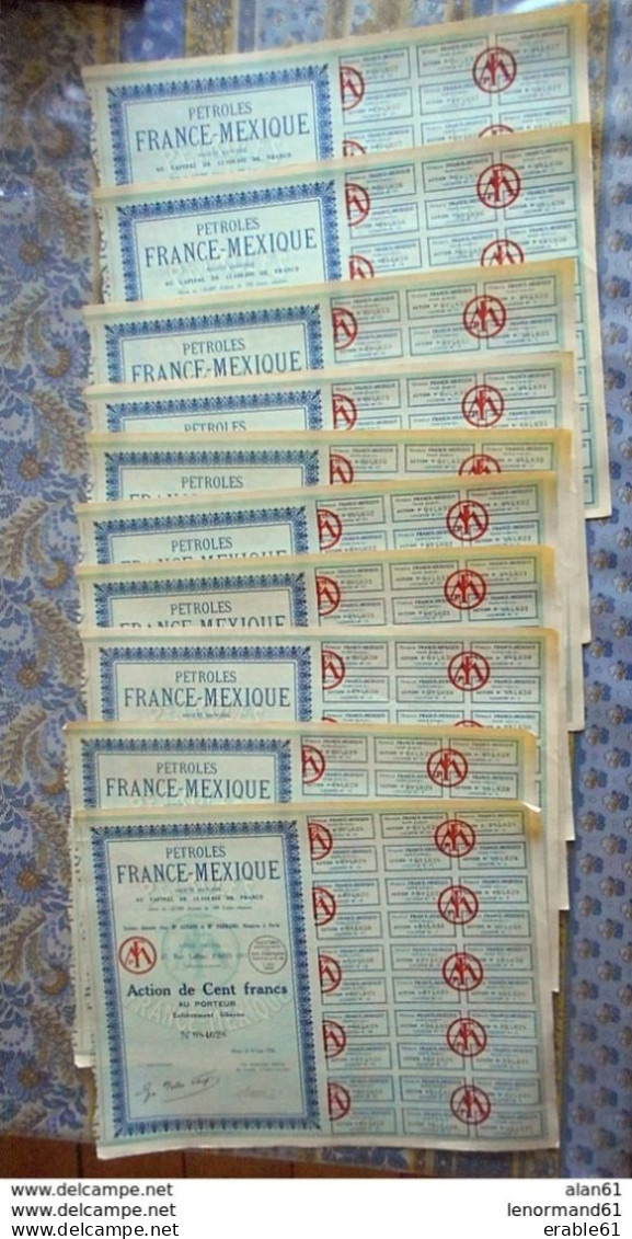 LOT DE 10 ACTION DE CENT FRANCS Avec Coupons 1926 PETROLES FRANCE MEXIQUE - Oil