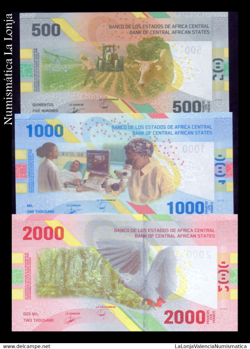 Central African St. - Estados De África Central Set 3 Banknotes 500 1000 2000 Francs CFA (2020) 2023 Pick New Sc Unc - Central African States