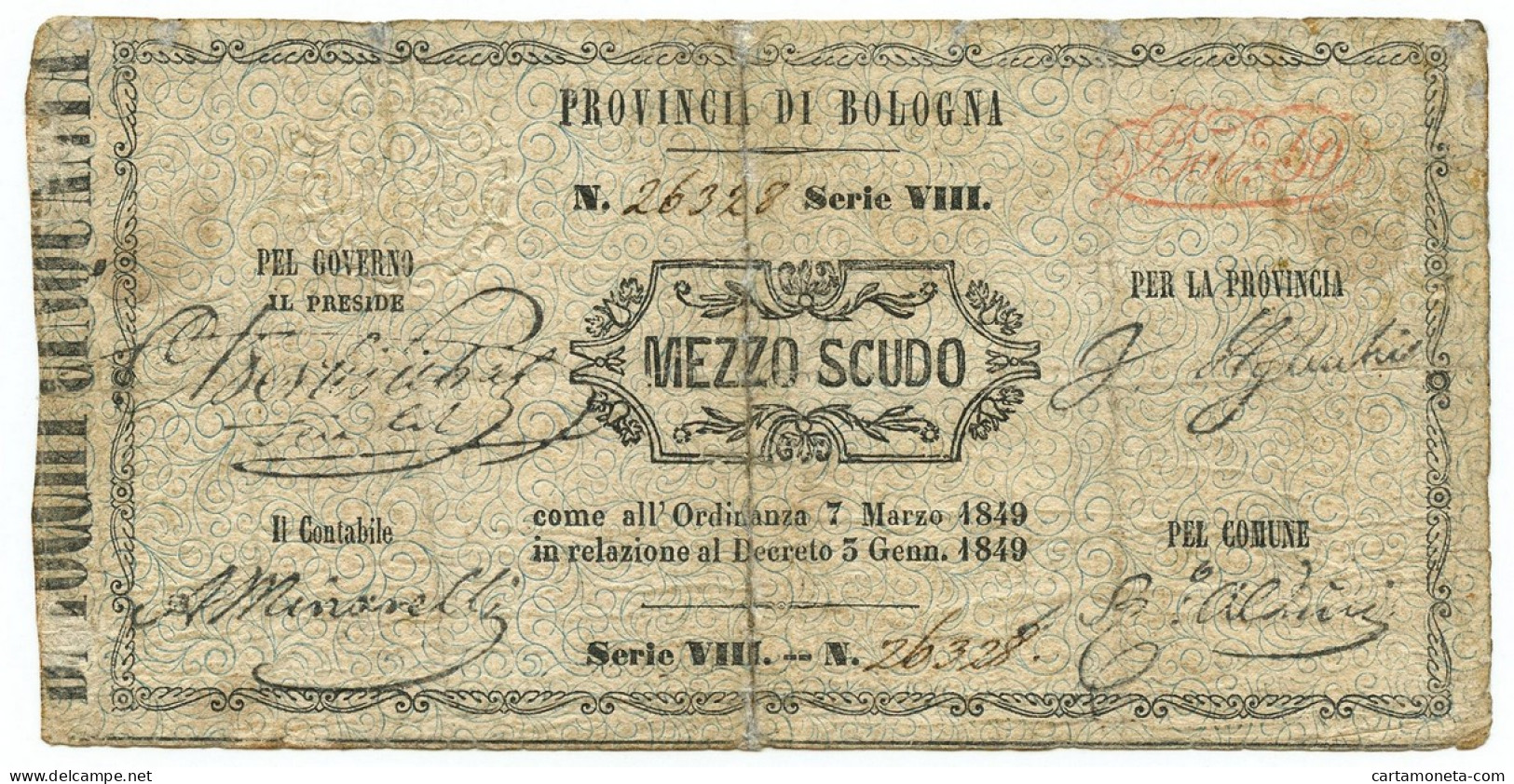 0,5 SCUDO BONO PROVINCIA DI BOLOGNA REPUBBLICA ROMANA 07/03/1849 MB/BB - Altri & Non Classificati