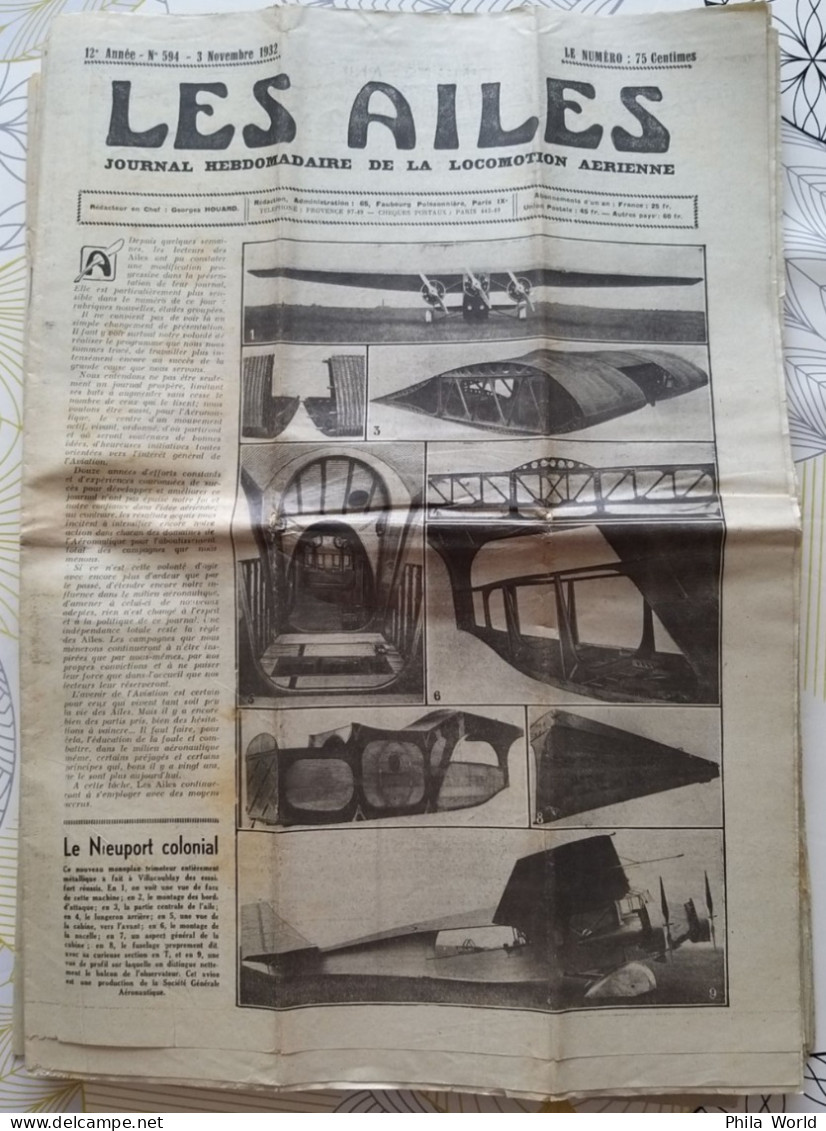 LES AILES Journal Locomotion Aérienne N° 594 3 Nov 1932 Monoplan SGA NIEUPORT DELAGE Colonial SALMSON AIR UNION FARMAN - Aviones