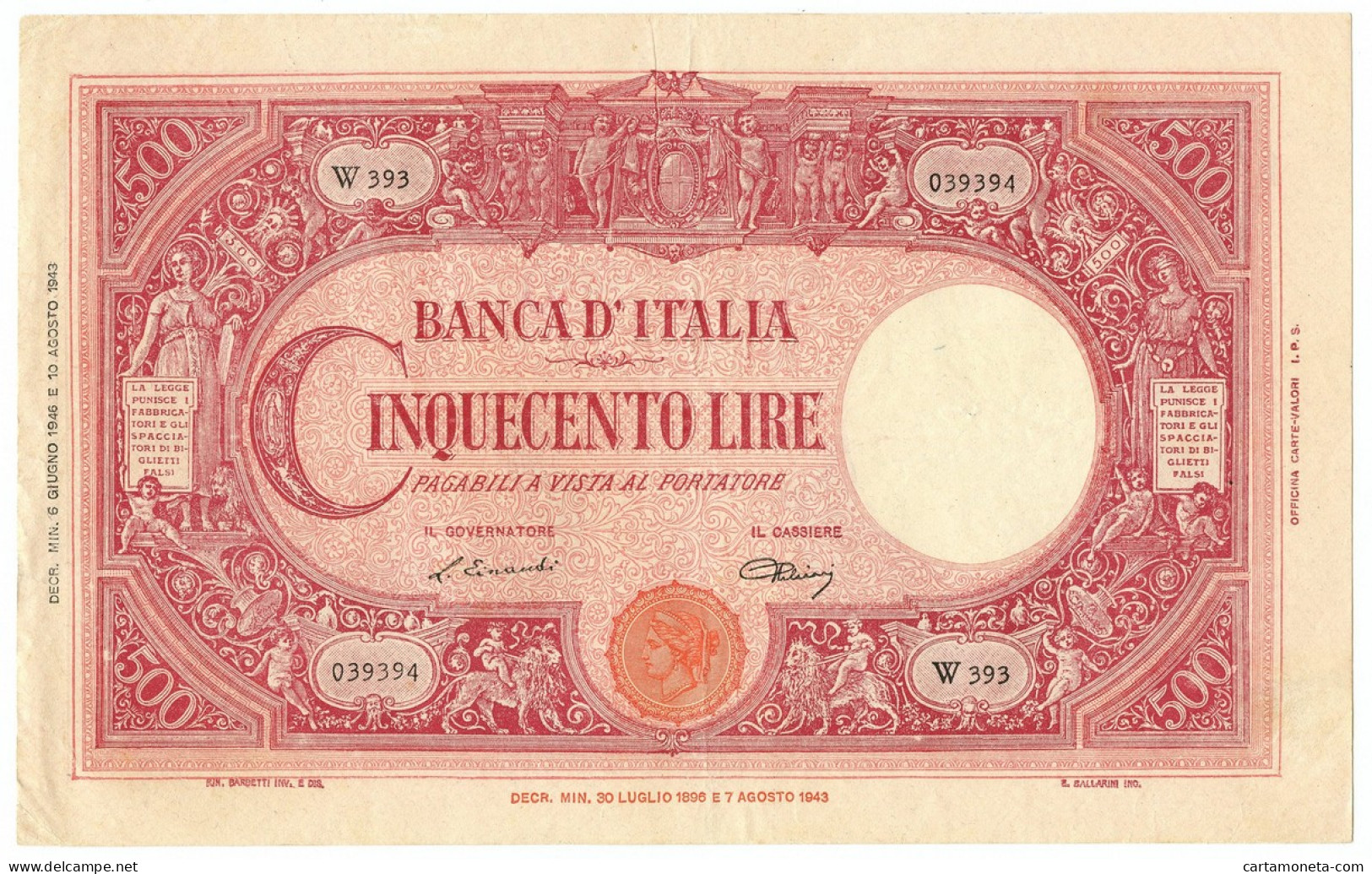 500 LIRE BARBETTI GRANDE C TESTINA BI UMBERTO II 06/06/1946 BB/SPL - Sonstige