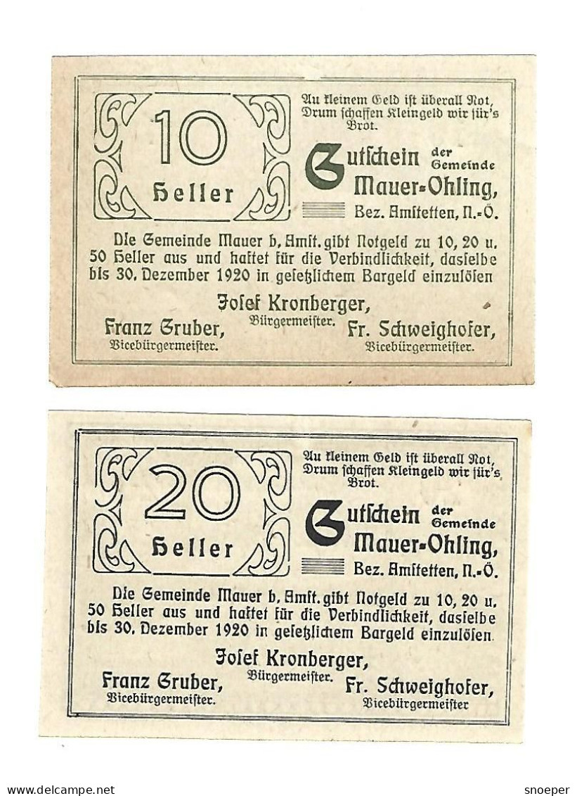 **notgeld   Austria  Mauer - Ohling 10+20 Heller    599e - Autriche