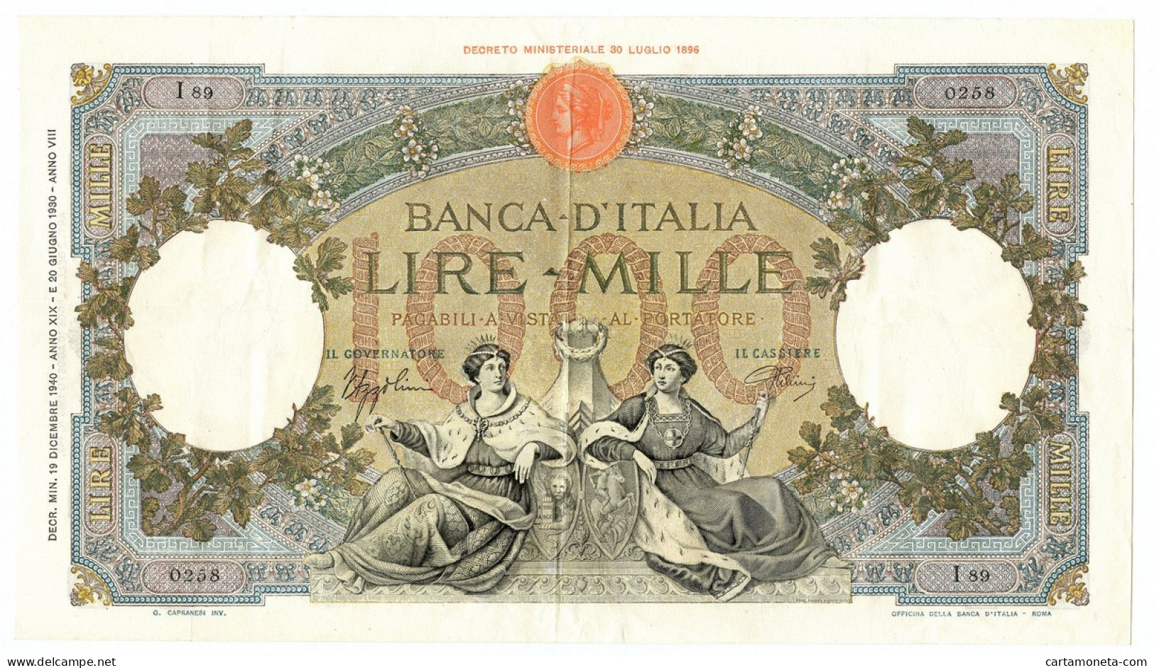 1000 LIRE CAPRANESI REPUBBLICHE MARINARE REGINE FASCIO ROMA 19/12/1940 QSPL - Regno D'Italia – Other