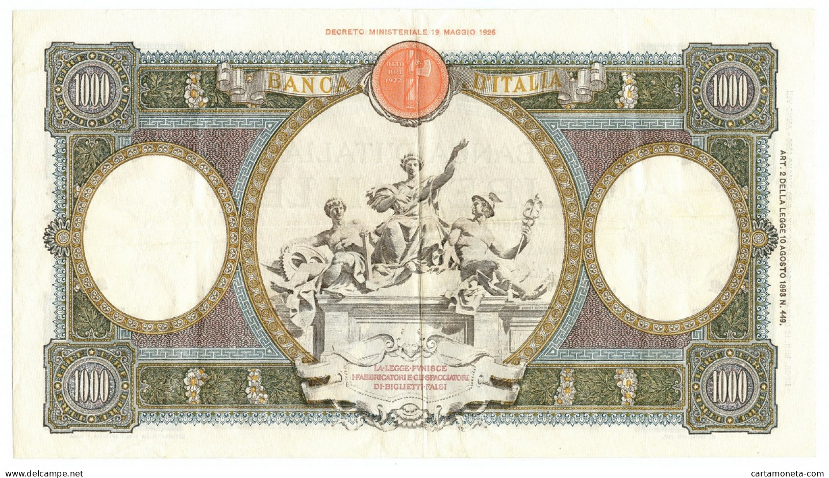 1000 LIRE CAPRANESI REPUBBLICHE MARINARE REGINE FASCIO ROMA 19/12/1940 QSPL - Regno D'Italia – Autres