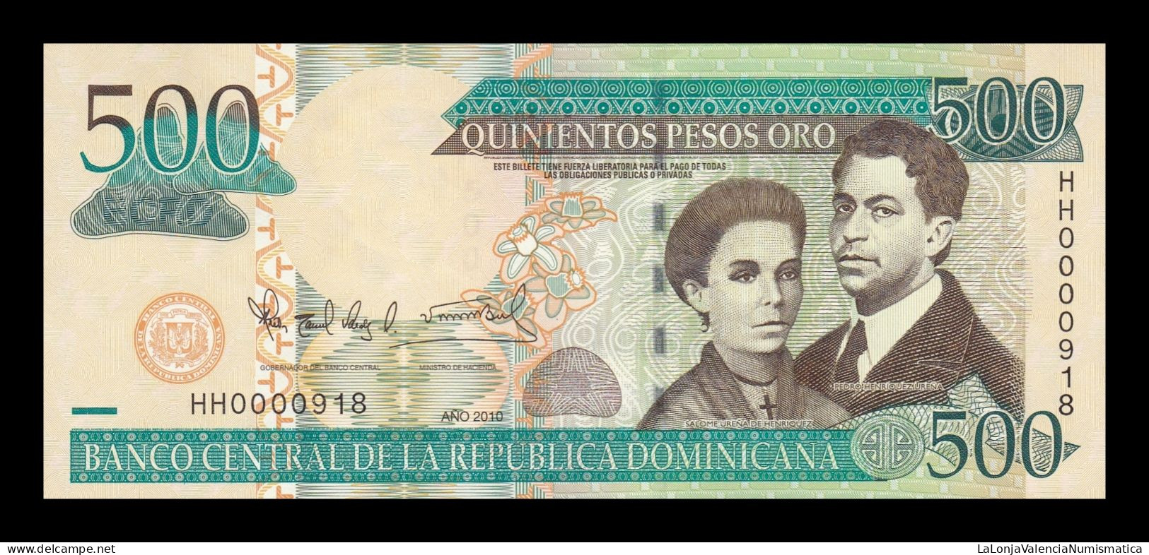 República Dominicana 500 Pesos Oro 2010 Pick 179c Low Serial 918 Sc Unc - Dominicaine