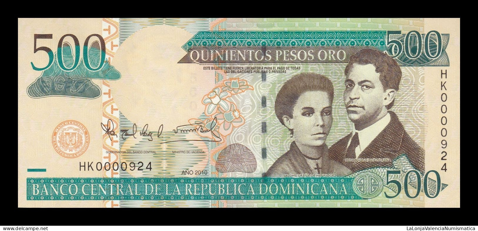 República Dominicana 500 Pesos Oro 2010 Pick 179c Low Serial 924 Sc Unc - Dominicana