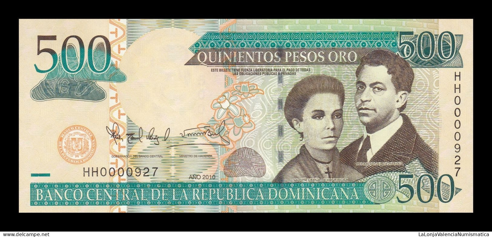 República Dominicana 500 Pesos Oro 2010 Pick 179c Low Serial 927 Sc Unc - Dominicaine