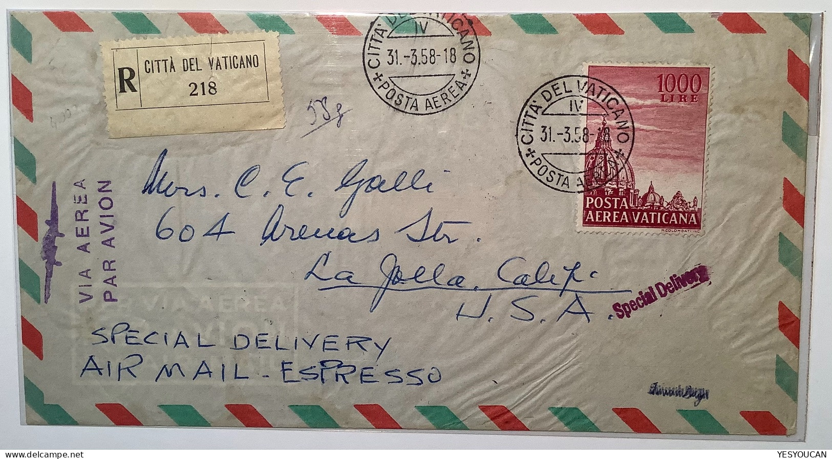 Posta Aerea Sa34 1958 1000L Lettera Espresso Special Delivery Air Mail>La Jolla Cal. USA (Vatican Vaticano Cover - Covers & Documents