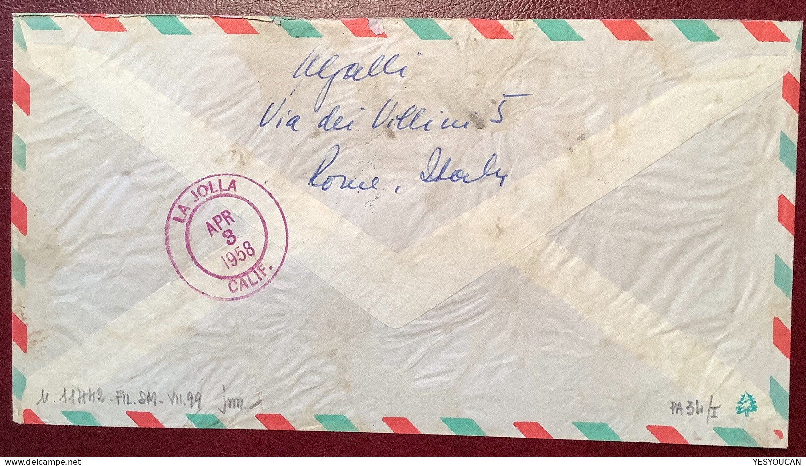 Posta Aerea Sa34 1958 1000L Lettera Espresso Special Delivery Air Mail>La Jolla Cal. USA (Vatican Vaticano Cover - Briefe U. Dokumente