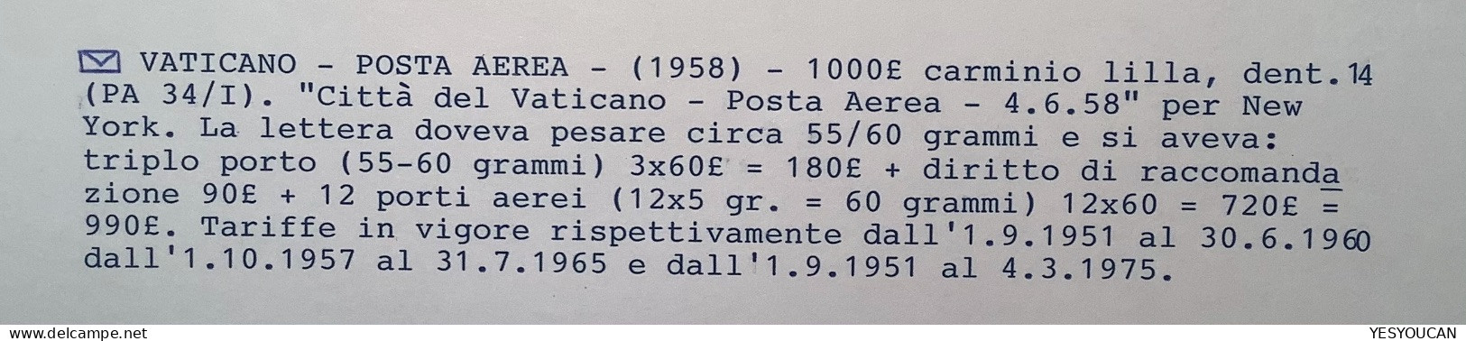 Posta Aerea Sa34 1958 1000L Lettera Air Mail>New York USA (Vatican Vaticano Cover Lettre Par Avion Italia Italy Italie - Briefe U. Dokumente