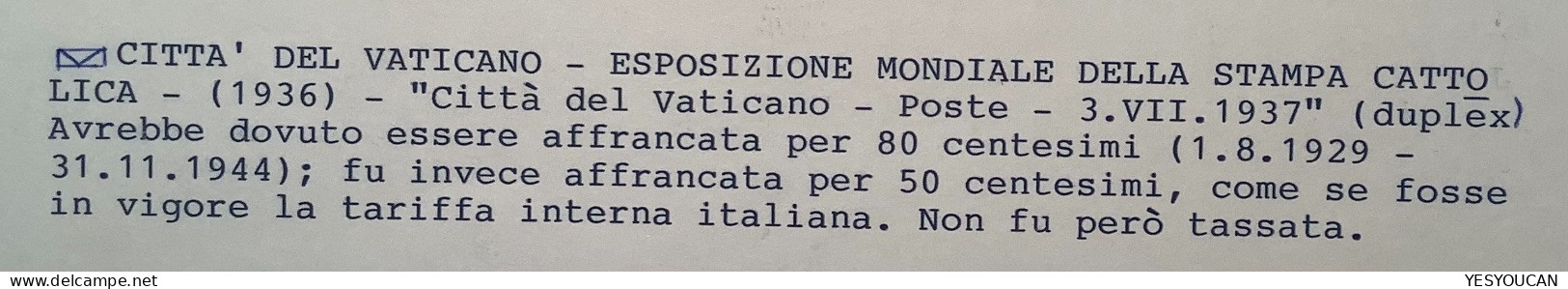 Sa.50 1936 50c ESPOSIZIONE MONDIALE DELLA STAMPA CATTOLICA  Lettera1937 (Vatican Vaticano Cover Dove Bell Art Painting - Lettres & Documents