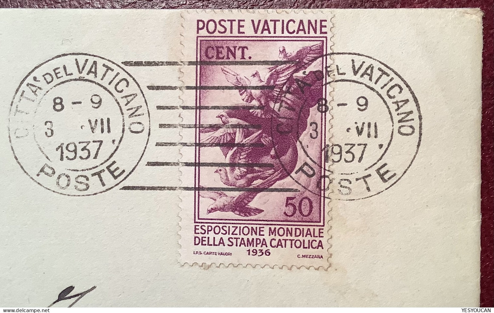 Sa.50 1936 50c ESPOSIZIONE MONDIALE DELLA STAMPA CATTOLICA  Lettera1937 (Vatican Vaticano Cover Dove Bell Art Painting - Storia Postale