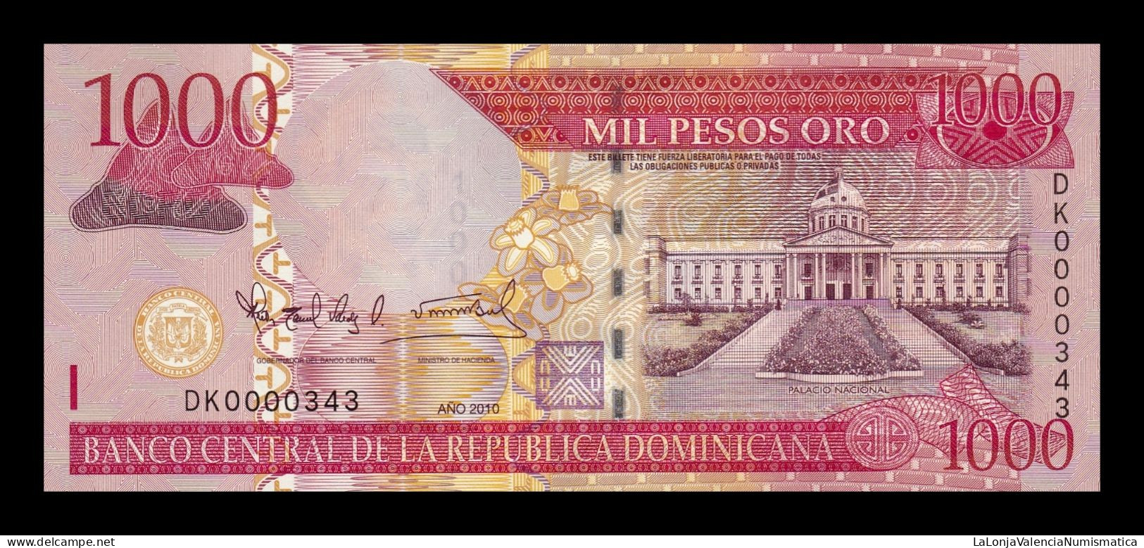 República Dominicana 1000 Pesos Oro 2010 Pick 180c Low Serial 343 Sc Unc - Dominicaine