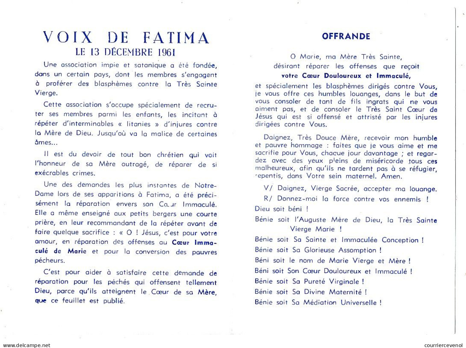 FRANCE - Petit Dépliant "Croisade D'amour Et De Réparation - Pour Les Blasphèmes Proférés Contre Notre Dame" FATIMA 1961 - Zonder Classificatie