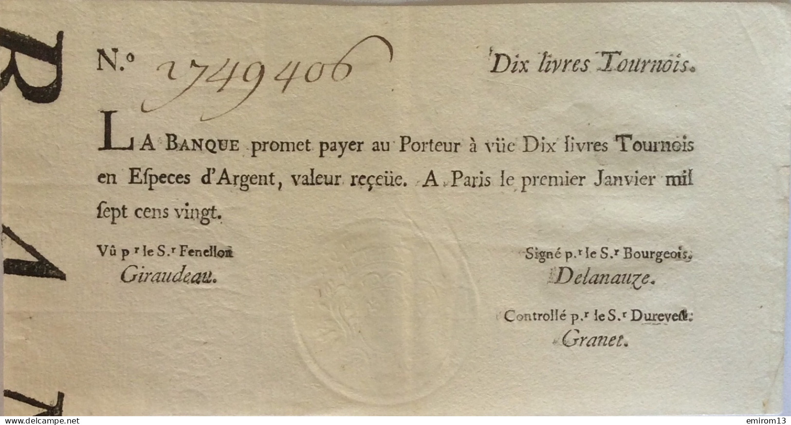 Dix Livres Tournois Assignat Billet De Banque Cachet à Sec 1 Janvier 1721 Paris Louis XV - Other & Unclassified