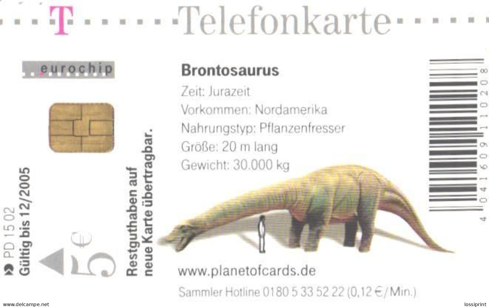 Germany:Used Phonecard, T, 5 EUR, Brontosaurus, Dinosaur, 2002 - P & PD-Series: Schalterkarten Der Dt. Telekom