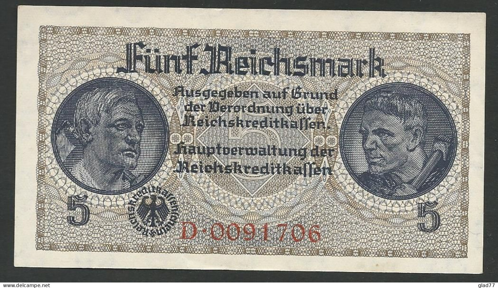 5 Reichsmark 1943 WWII Circulated In Greece (during Occupation) Choice UNC! - 10 Reichsmark