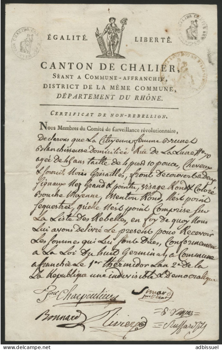 1794 CERTIFICAT DE NON REBELLION DU COMITE REVOLUTIONNAIRE DE SURVEILLANCE DU CANTON DE CHALIER DE LYON - Historische Dokumente