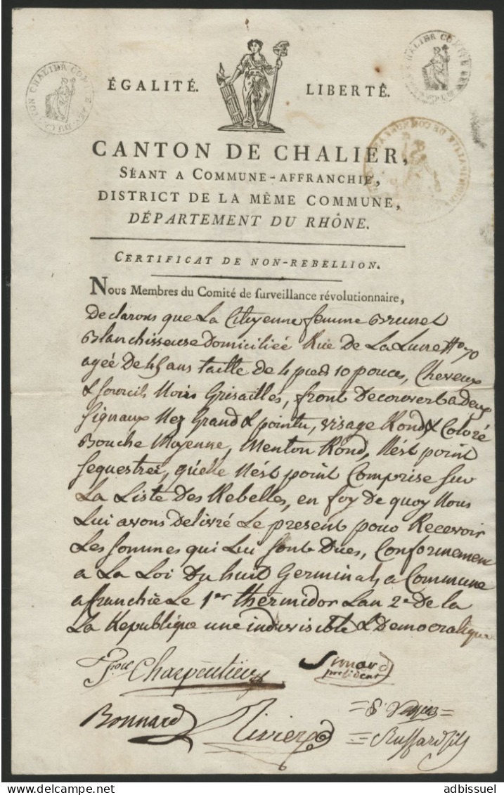 1794 CERTIFICAT DE NON REBELLION DU COMITE REVOLUTIONNAIRE DE SURVEILLANCE DU CANTON DE CHALIER DE LYON - Documentos Históricos