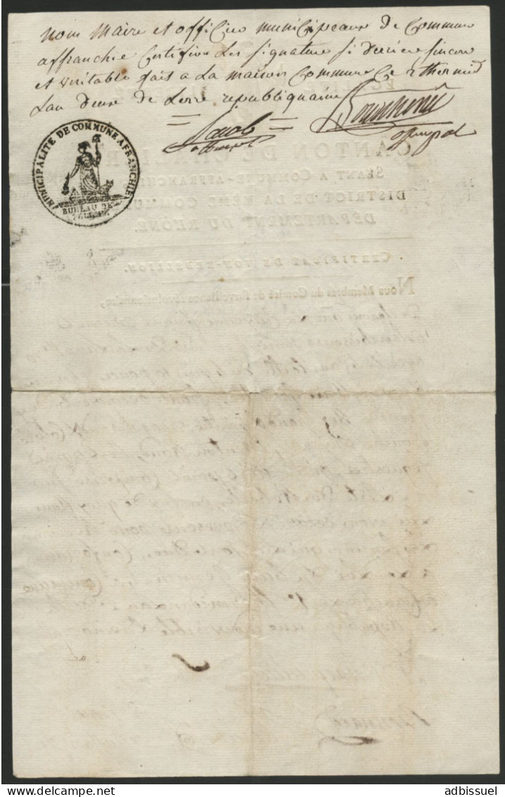 1794 CERTIFICAT DE NON REBELLION DU COMITE REVOLUTIONNAIRE DE SURVEILLANCE DU CANTON DE CHALIER DE LYON - Documentos Históricos