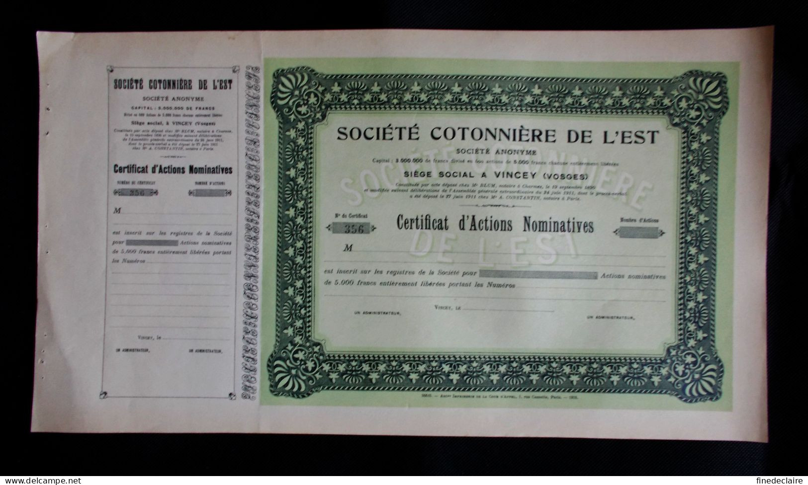 Action - Société Cotonnière De L'Est à Vincey (Vosges) - Document Neuf - Agricultura