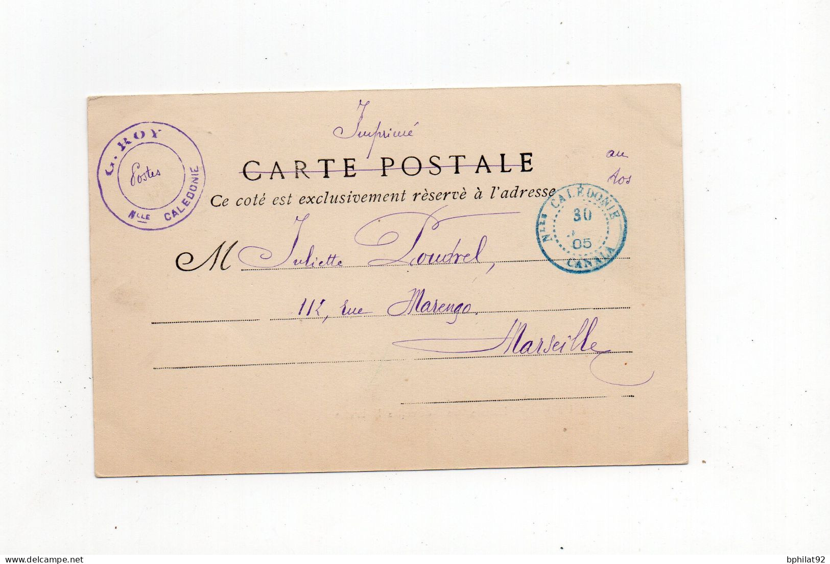 !!! NOUVELLE CALEDONIE, CPA DE CANALA DE 1905 POUR MARSEILLE - Cartas & Documentos