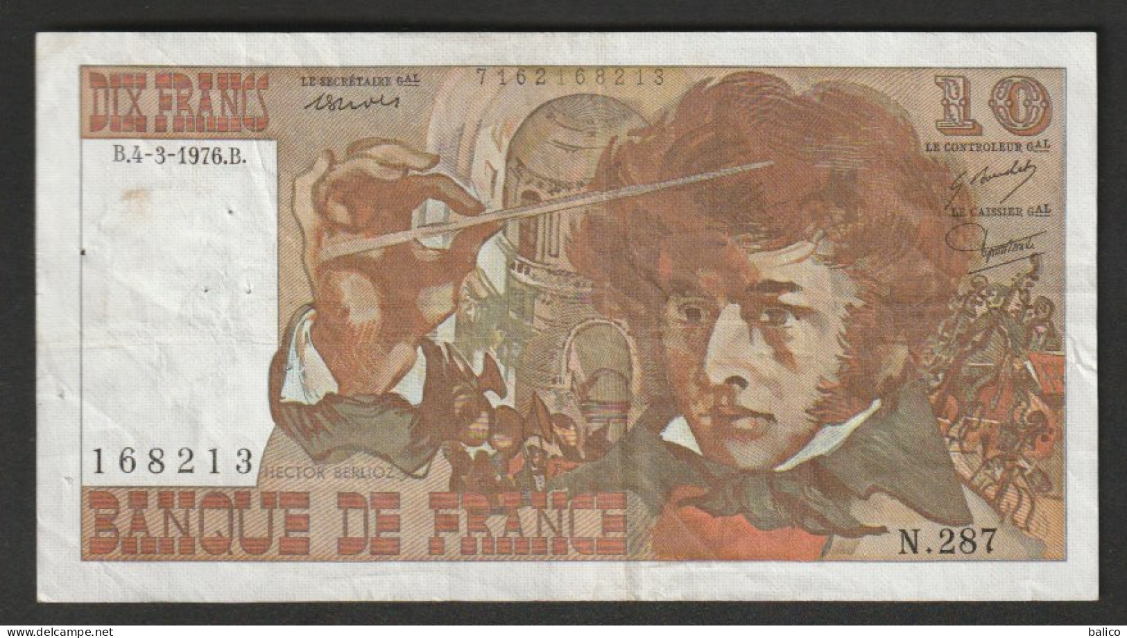 France - Billet De  10 Francs  Berlioz - B.4-3-1976.B - N° 168213 - N.287 - 10 F 1972-1978 ''Berlioz''