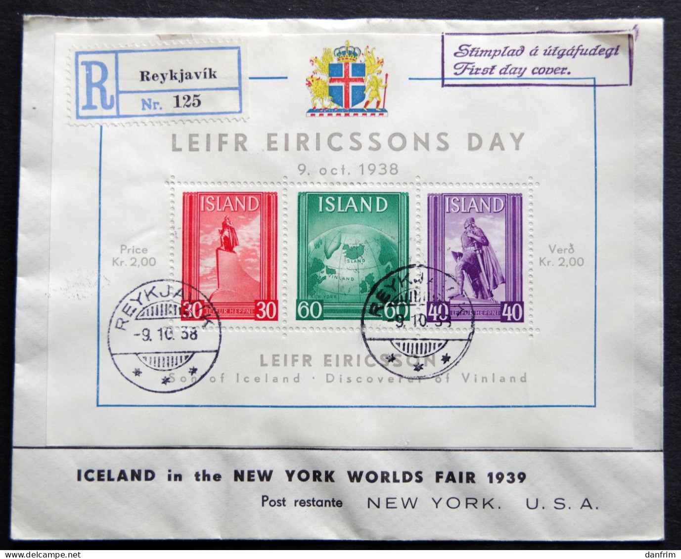 Iceland  1938  Registered Reykjavik Leif Ericson Vineland Minr,197-99 Block 2 FDC    ( Lot 900) - FDC