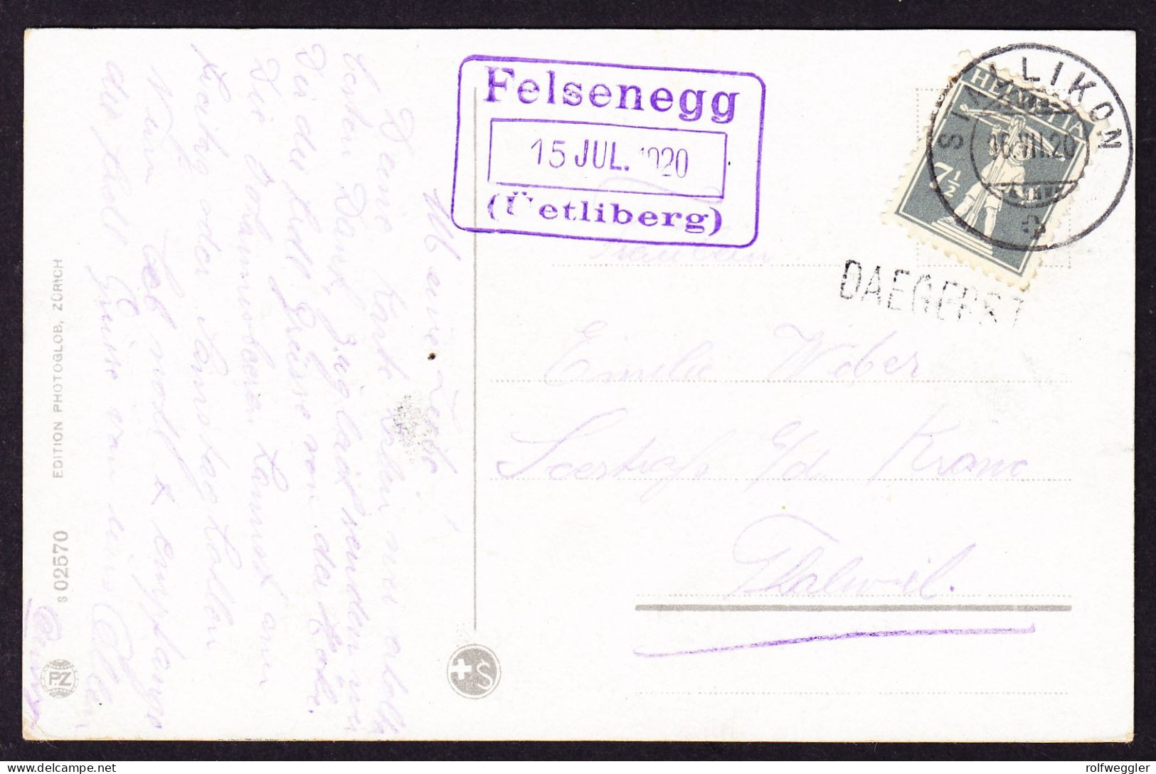 1920 Gelaufene AK Felsenegg Mit Stempel STALLIKON, DAEGERST Und Datumsstempel Felsenegg - Stallikon
