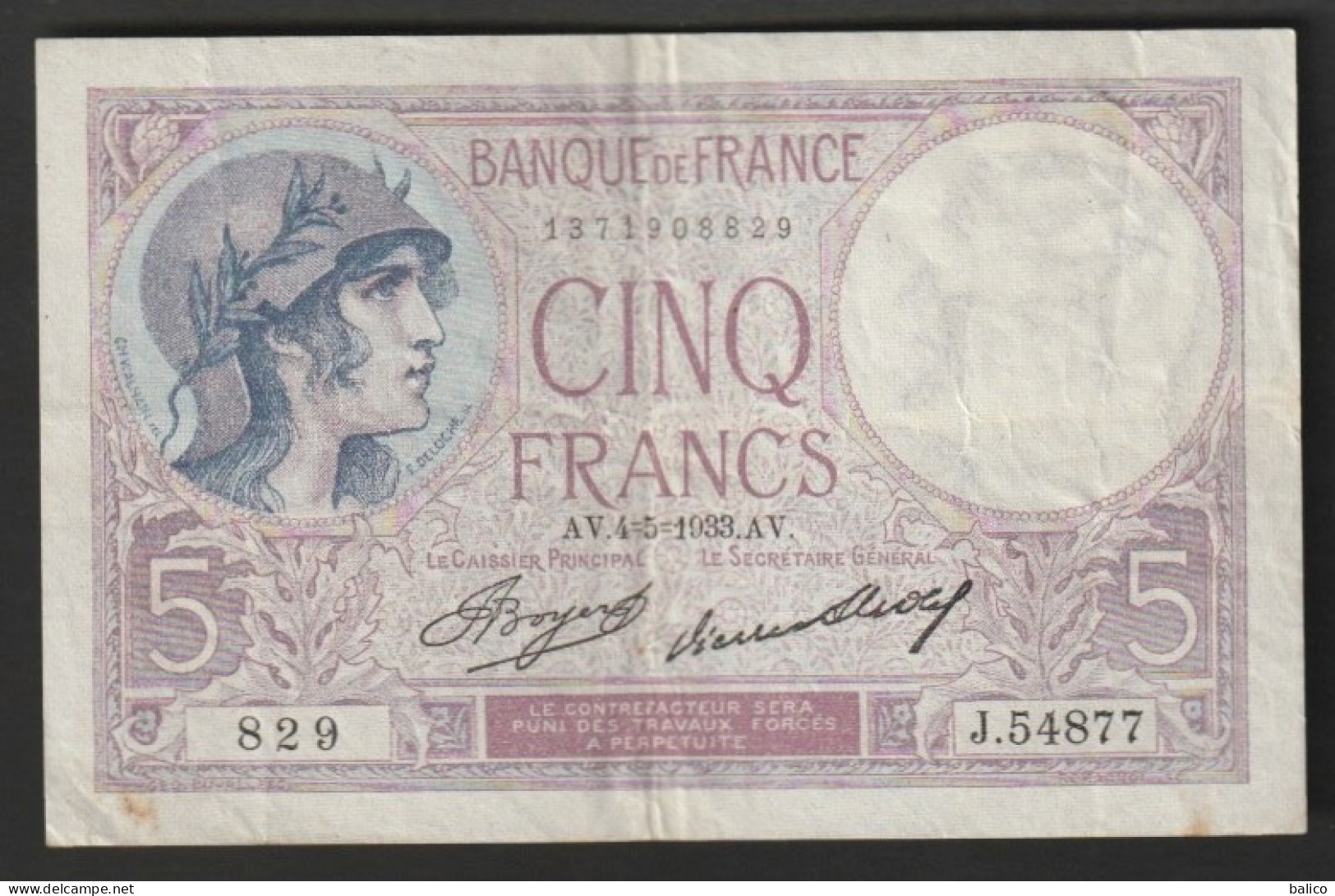 France - Billet 5 Francs Violet Du AV.4-5-1933.AV    N°   J.54877 - 829  (pas De Trous D'épingle) - 5 F 1917-1940 ''Violet''