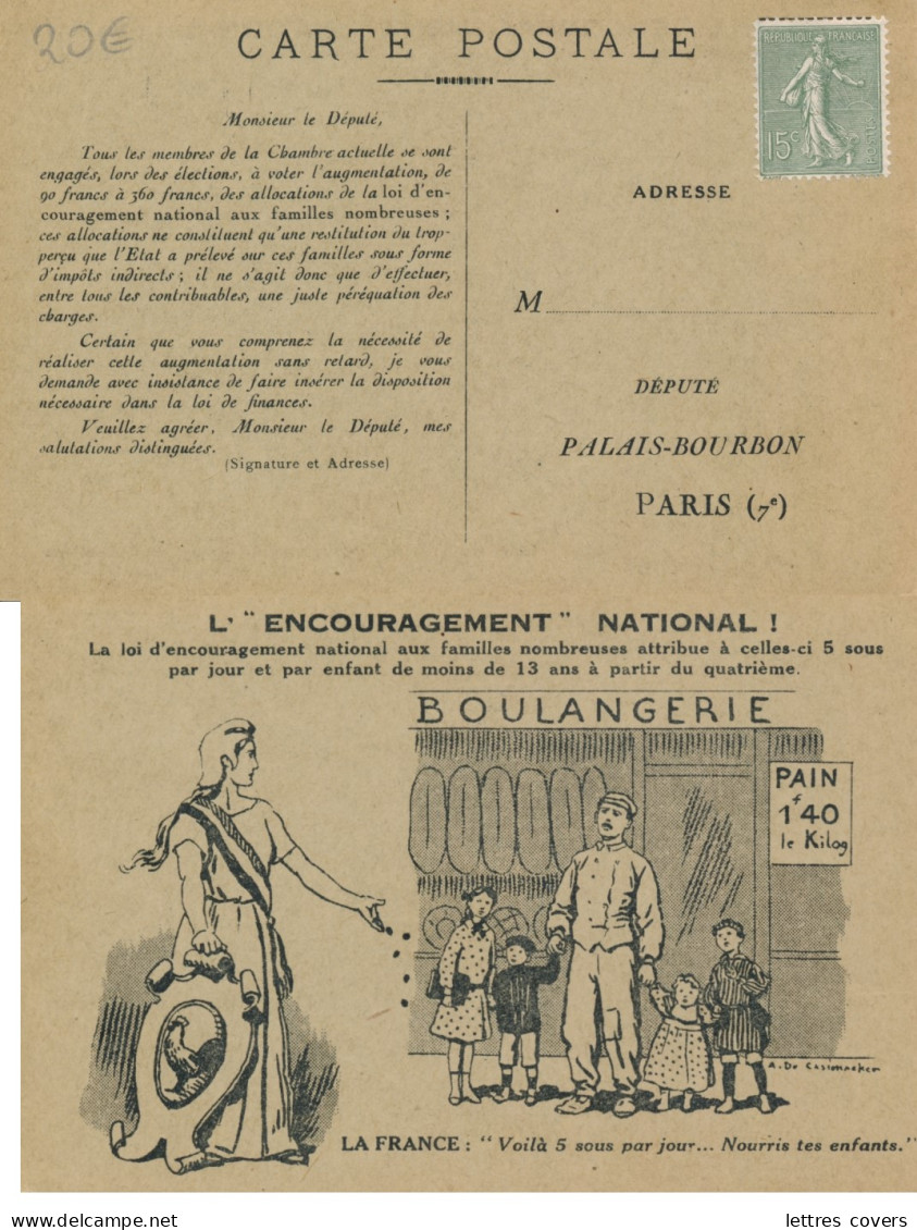 Carte Illustrée SEMEUSE 140 15c NEUF LOI ENCOURAGEMENT NATIONAL FAMILLES NOMBREUSE > DEPUTÉ - Boulanger  - Alimentation
