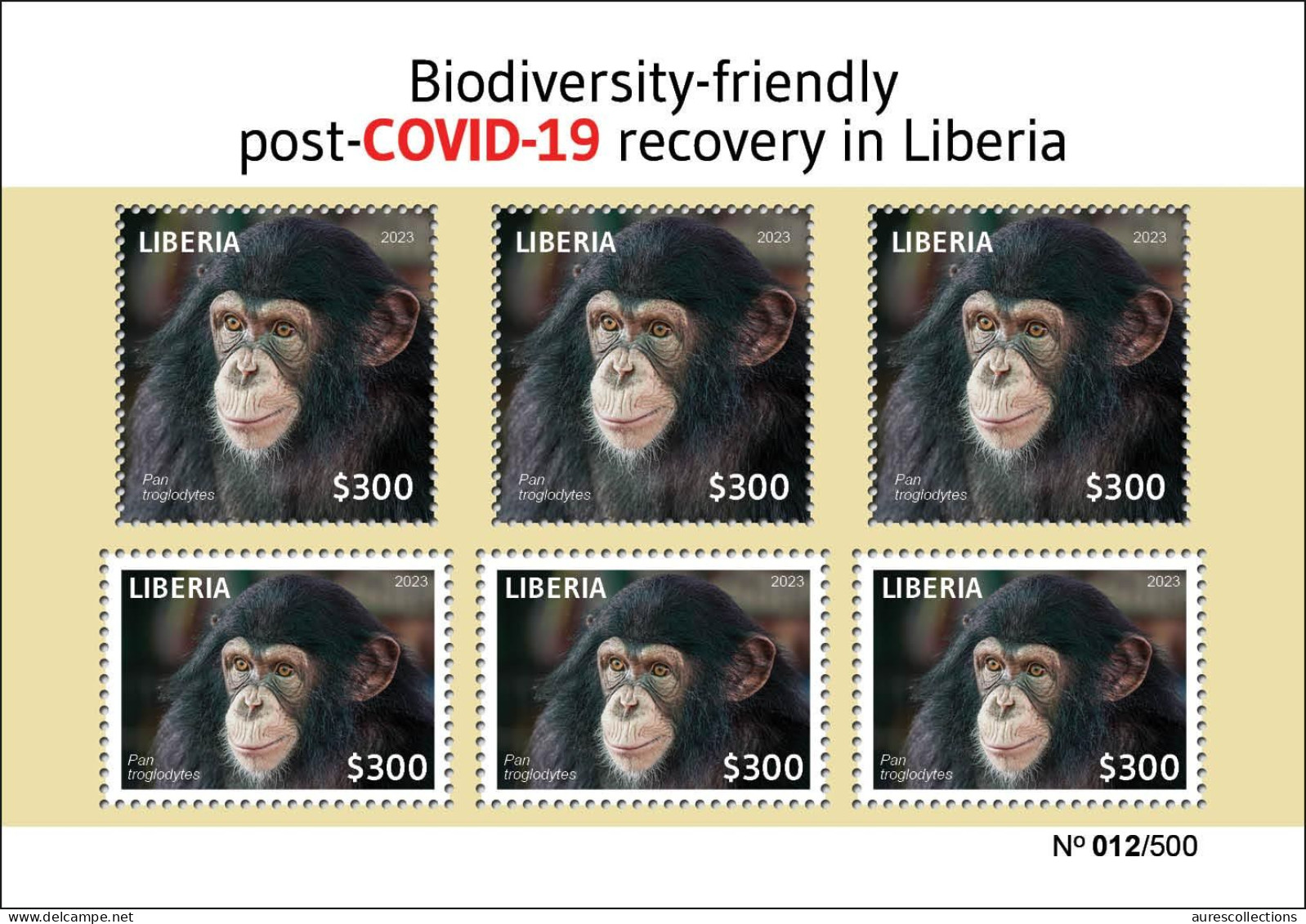 LIBERIA 2023 SHEET 6V (REGULAR & OVERPRINT) PANDEMIC COVID-19 MONKEY MONKEYS APE APES CHIMPANZEE CHIMPANZE MNH - Chimpancés