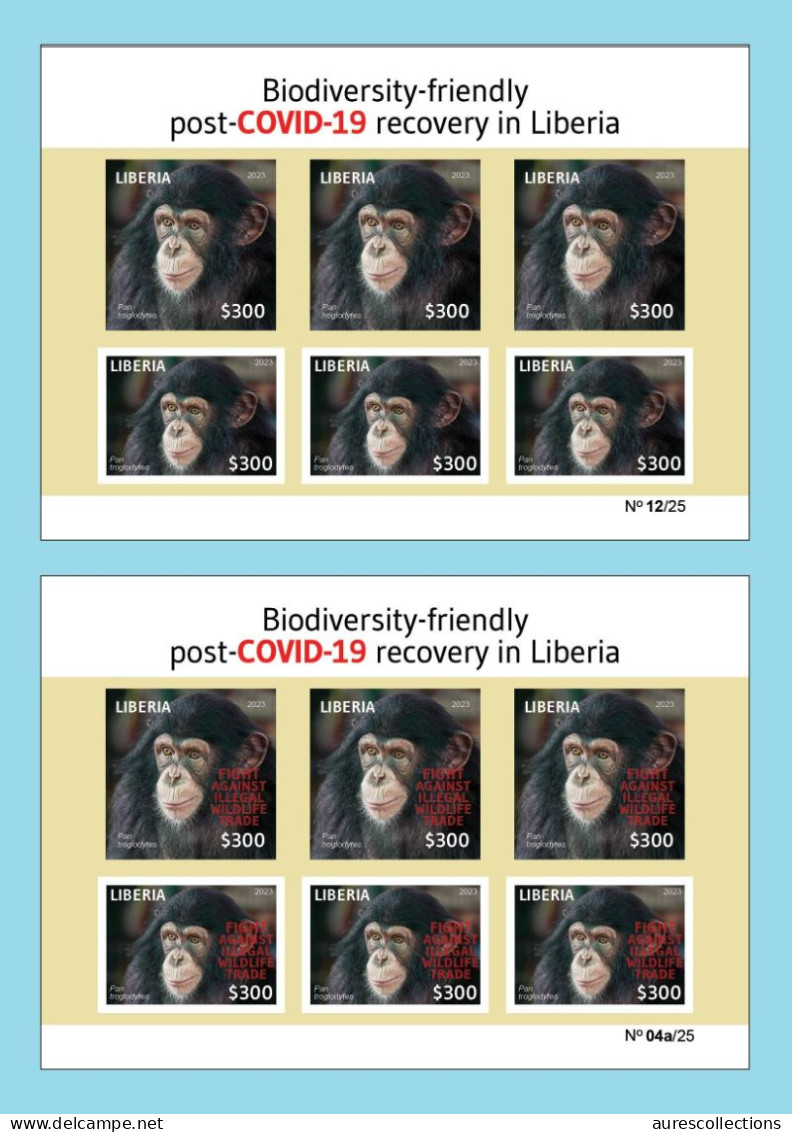 LIBERIA 2023 IMPERF SHEET 6V (REGULAR & OVERPRINT) PANDEMIC COVID-19 MONKEY MONKEYS APE APES CHIMPANZEE CHIMPANZE MNH - Scimpanzé