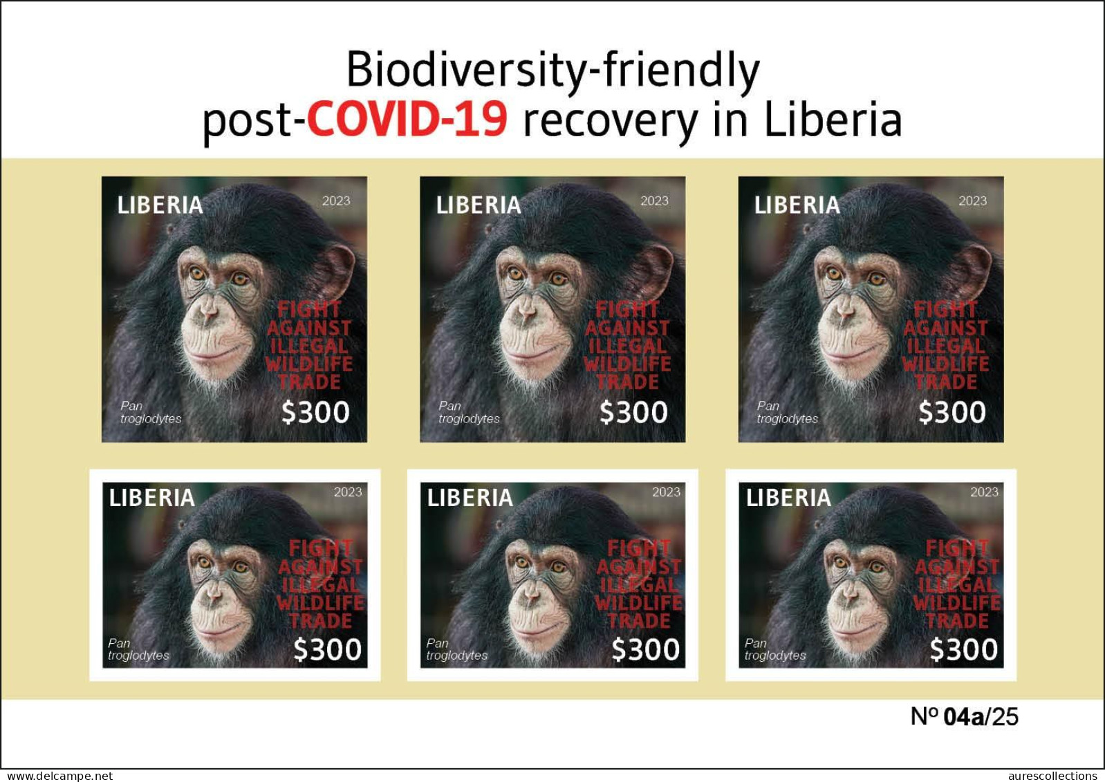 LIBERIA 2023 IMPERF SHEET 6V (REGULAR & OVERPRINT) PANDEMIC COVID-19 MONKEY MONKEYS APE APES CHIMPANZEE CHIMPANZE MNH - Chimpancés