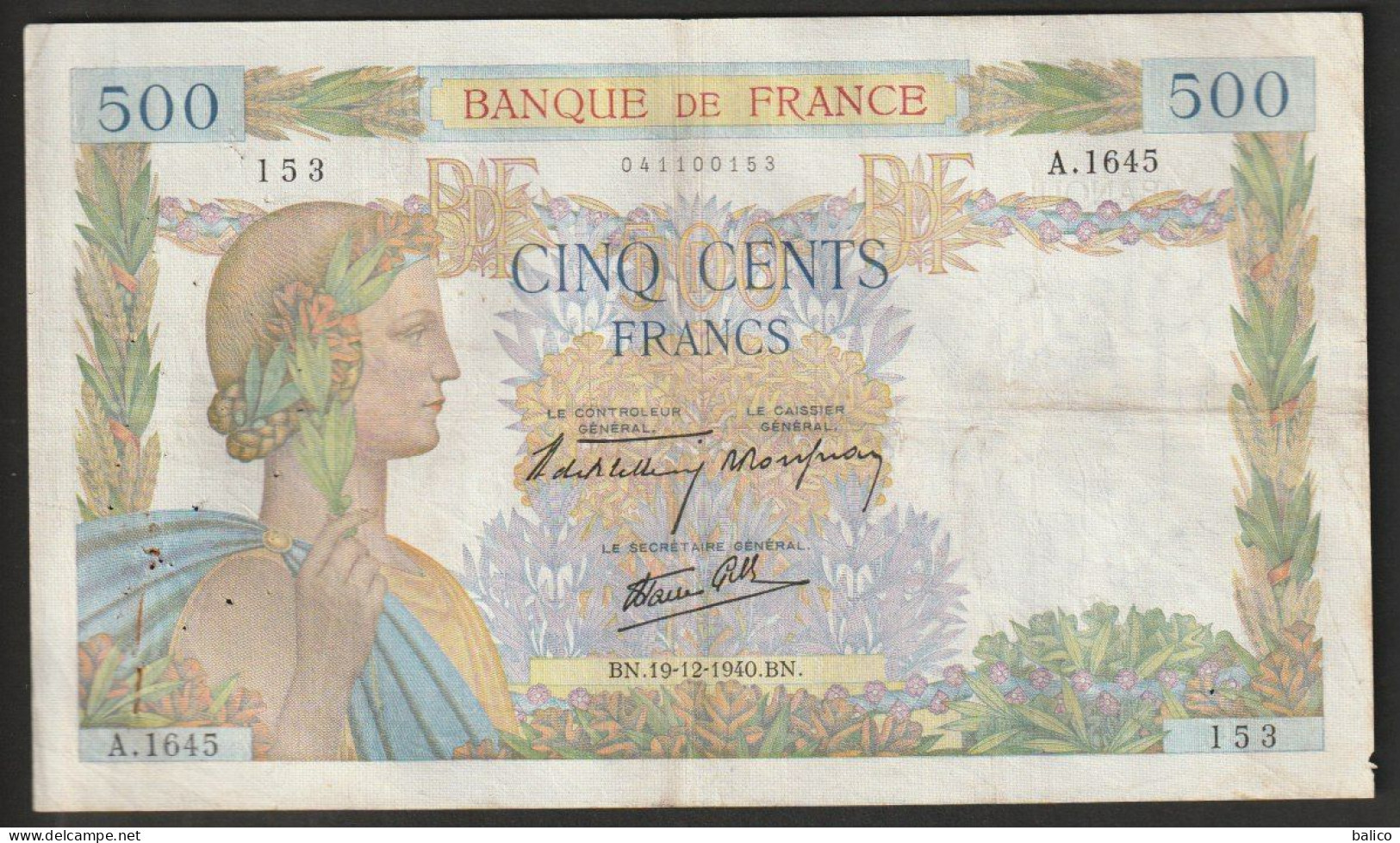 Billet 500 Francs, La Paix  AD. 31 -10 -1940. AD  - N°  A.1180 - 617 - 500 F 1940-1944 ''La Paix''