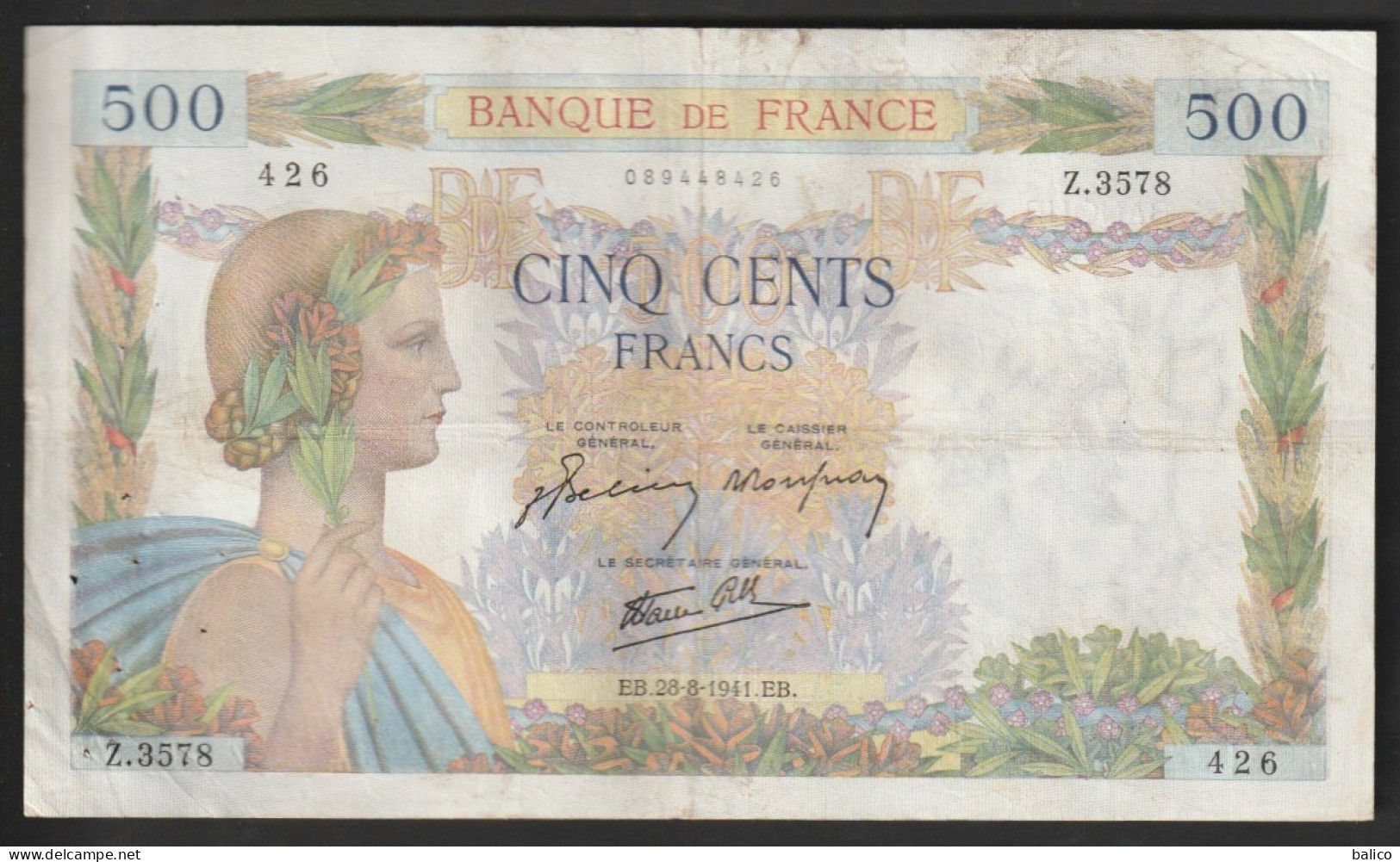 Billet 500 Francs, La Paix  EB. 28 -8 -1941. EB  - N°  A.1180 - 617 - 500 F 1940-1944 ''La Paix''