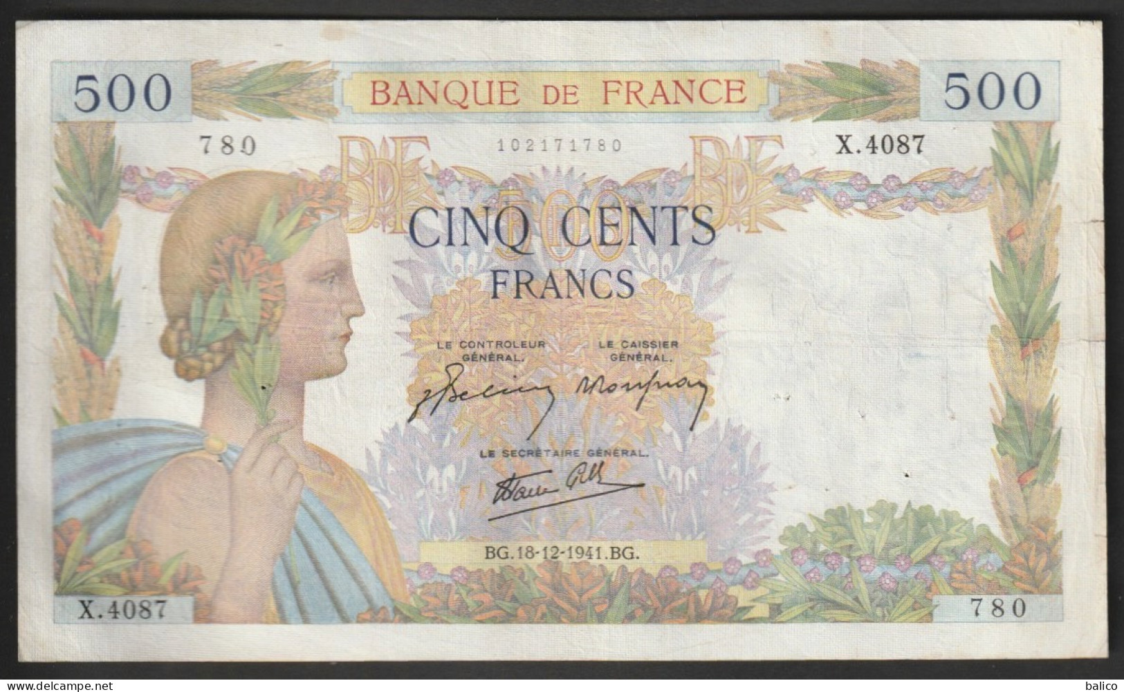 Billet 500 Francs, La Paix  BG. 18 - 12 -1941. BG  - N°  X.4087 - 780 - 500 F 1940-1944 ''La Paix''