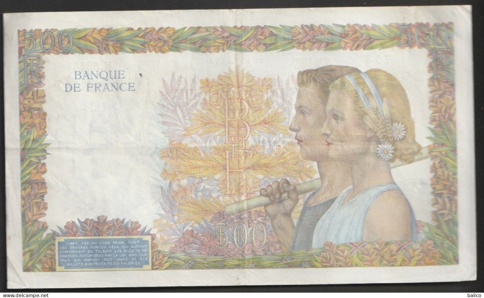 Billet 500 Francs, La Paix  FX. 9 - 7 -1942. FX  - N° K.6214 - 753 - 500 F 1940-1944 ''La Paix''