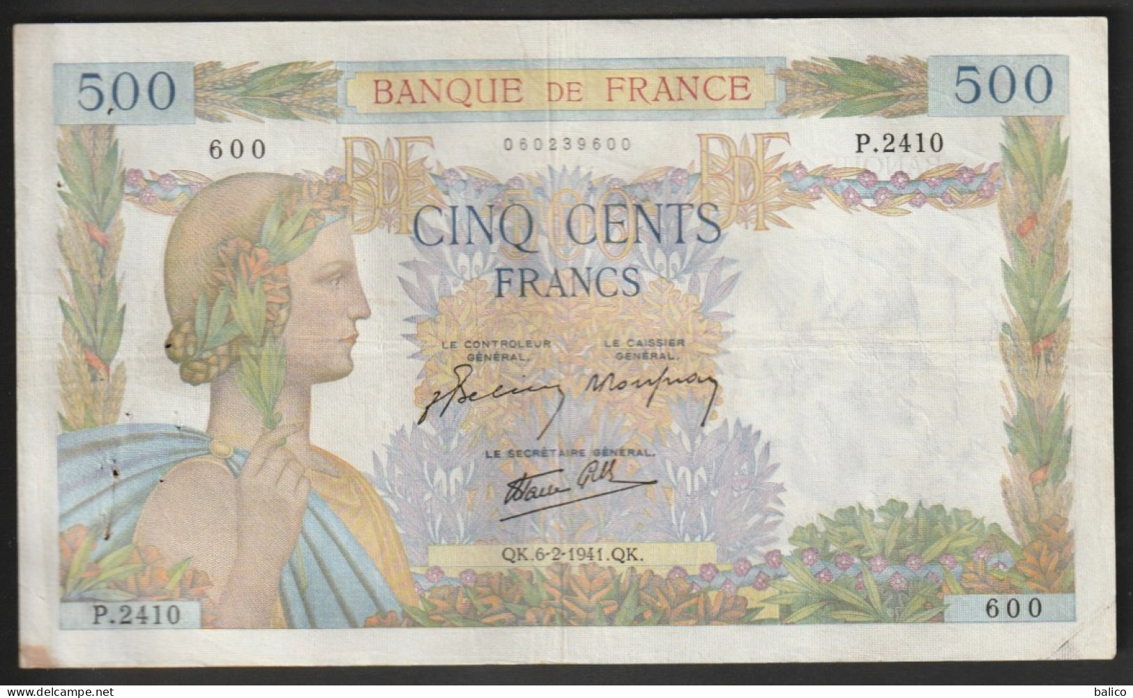 Billet 500 Francs, La Paix  QK. 6 - 2 -1941. QK  - N° P.2410 - 600 - 500 F 1940-1944 ''La Paix''