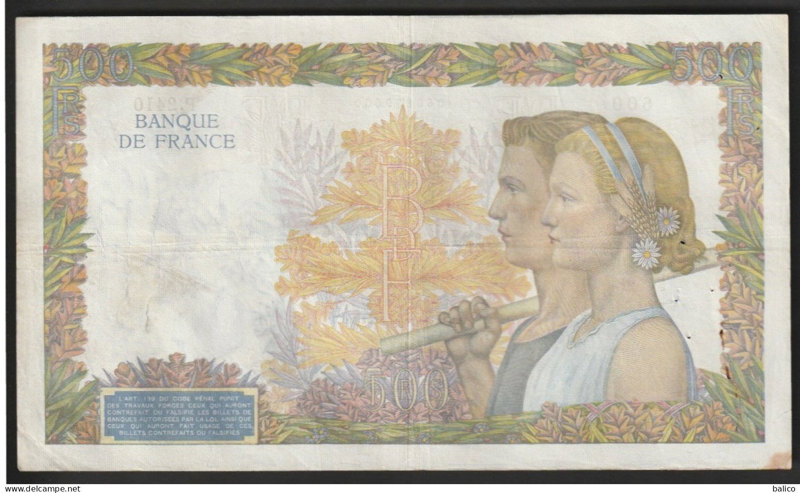 Billet 500 Francs, La Paix  QK. 6 - 2 -1941. QK  - N° P.2410 - 600 - 500 F 1940-1944 ''La Paix''