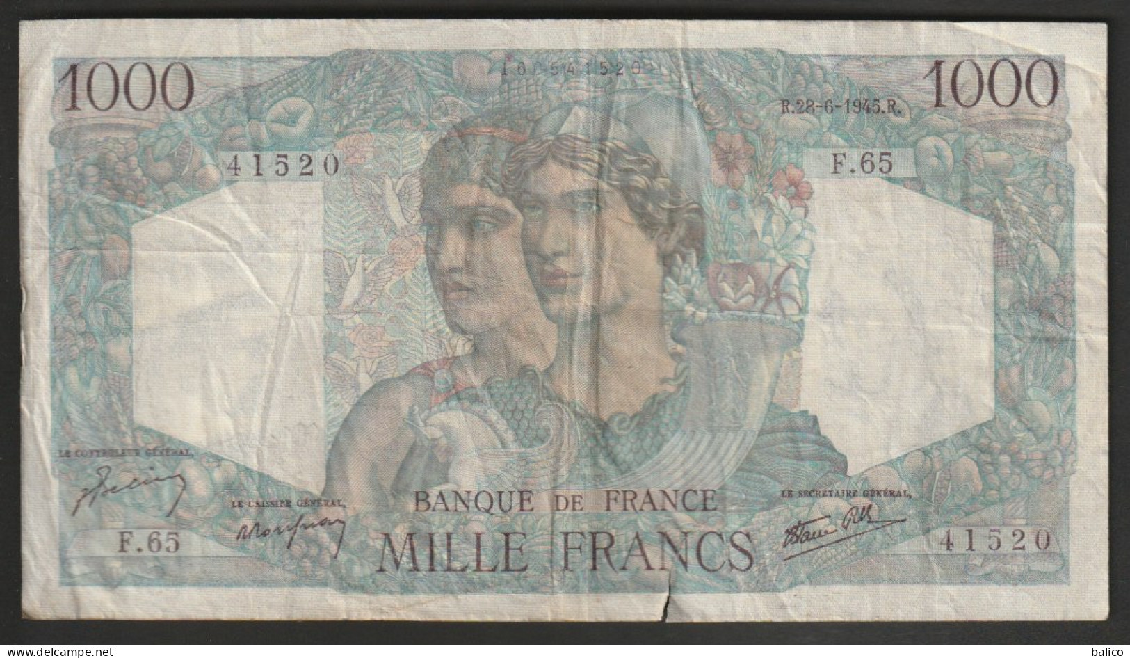 France - 1000 Francs - Minerve Et Hercule Du 28-6-1945 - N° 41520 -  F.65 - 1 000 F 1945-1950 ''Minerve Et Hercule''