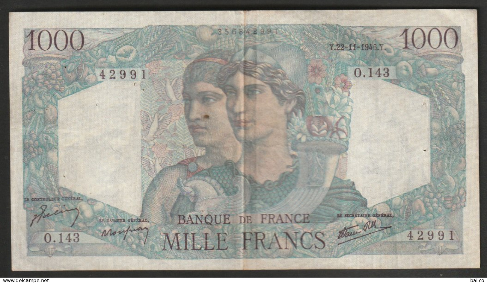 France - 1000 Francs - Minerve Et Hercule Du 22-11-1945 - N° 42991 - O,143 - 1 000 F 1945-1950 ''Minerve Et Hercule''