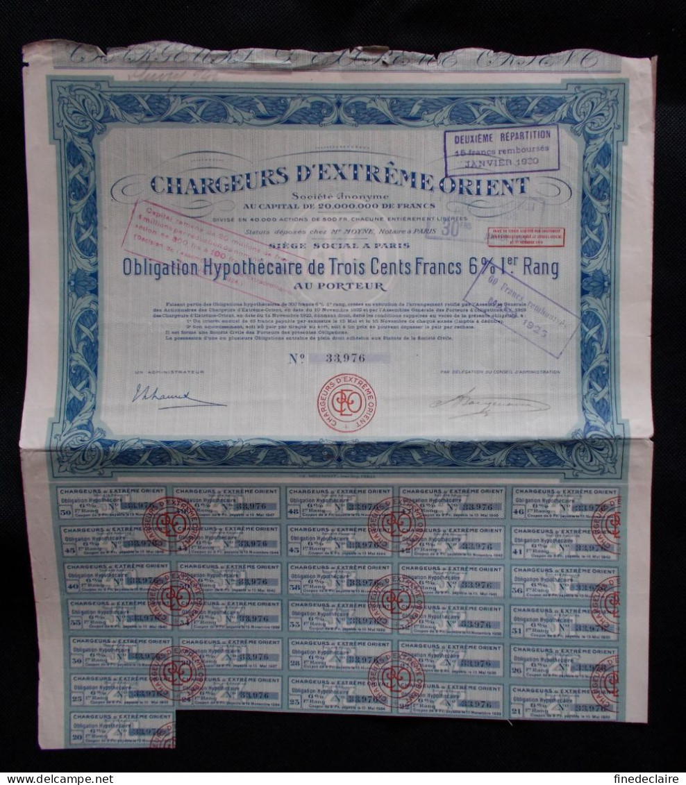 Obligation Hypothécaire De Trois Cents Francs 6% 1er Rang - Chargeurs D'extrême Orient - Paris 1925 - Asia