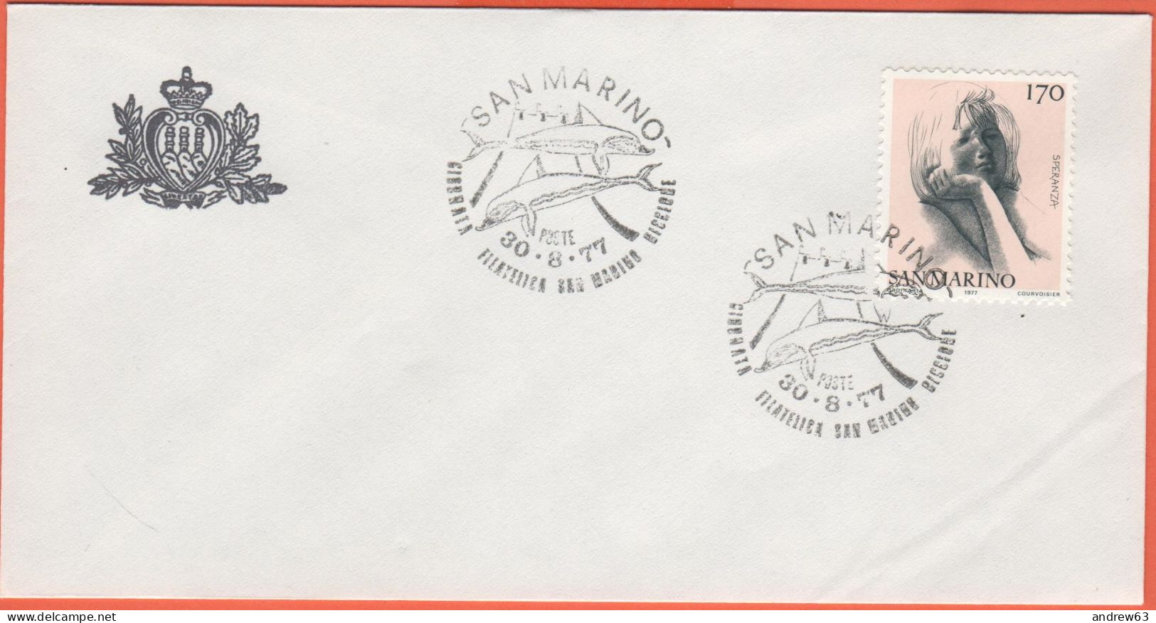 SAN MARINO - 1977 - 170 Le Virtù Civili-Speranza + Annullo Giornata Filatelica San Marino-Riccione Del 30/08/77 - Uffici - Briefe U. Dokumente