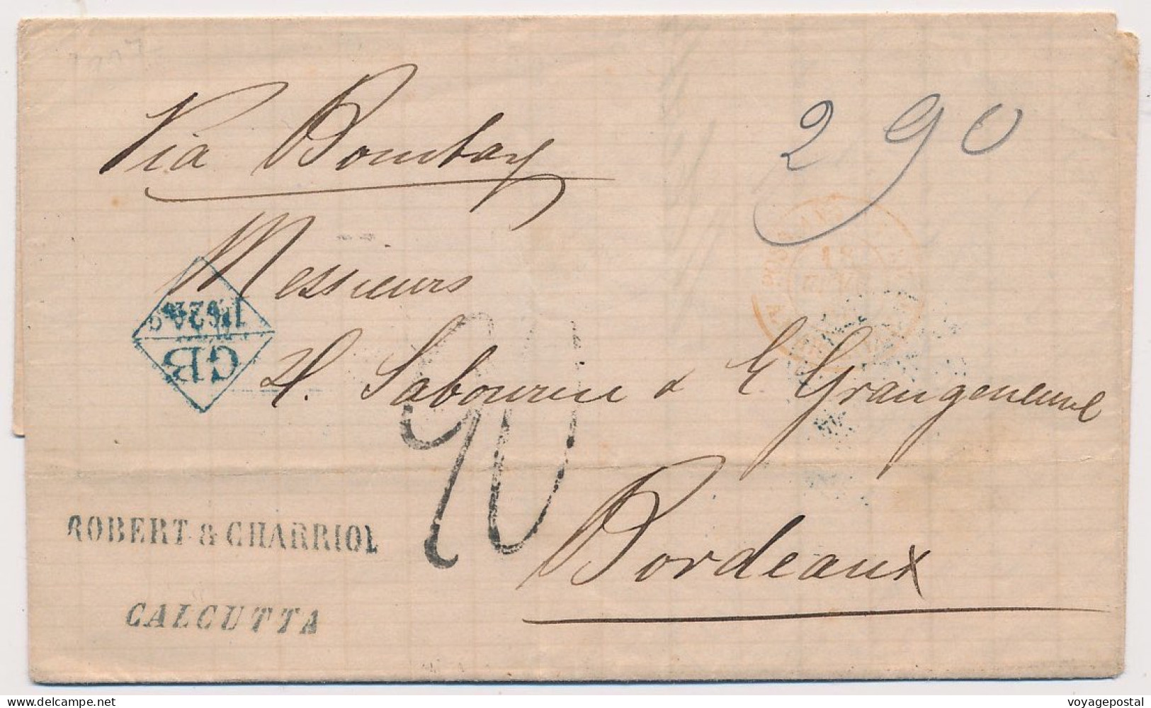 LETTRE INDE CALCUTTA VIA BOMBAY BORDEAUX FRANCE GB TAXE 20 CACHET BLEU AU DOS COVER INDIA - 1858-79 Compagnie Des Indes & Gouvernement De La Reine